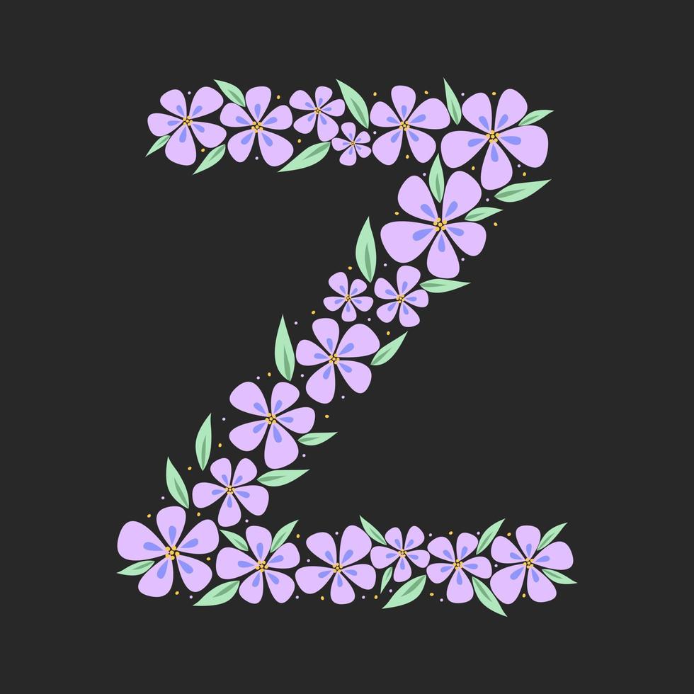 Floral botanical alphabet. Vintage hand drawn monogram letter Z. Letter with plants and flowers. Vector lettering isolated on white