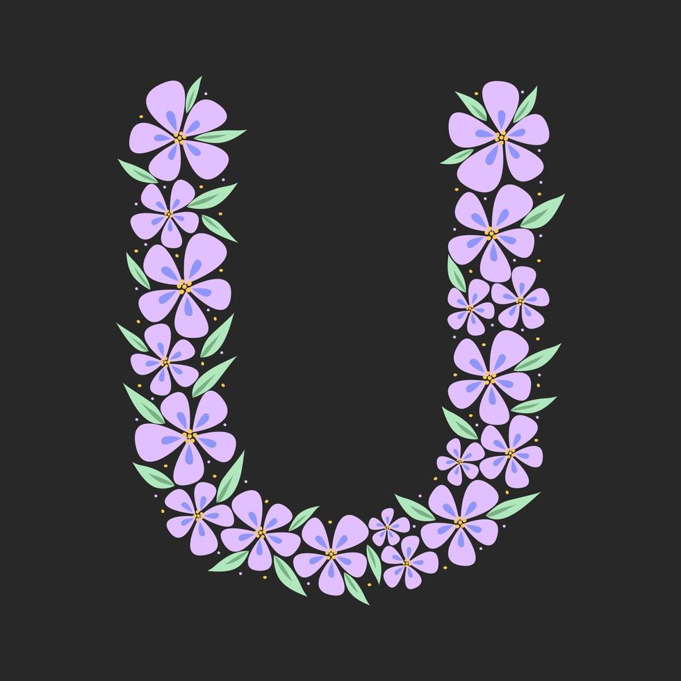 Floral botanical alphabet. Vintage hand drawn monogram letter U. Letter with plants and flowers. Vector lettering isolated on white