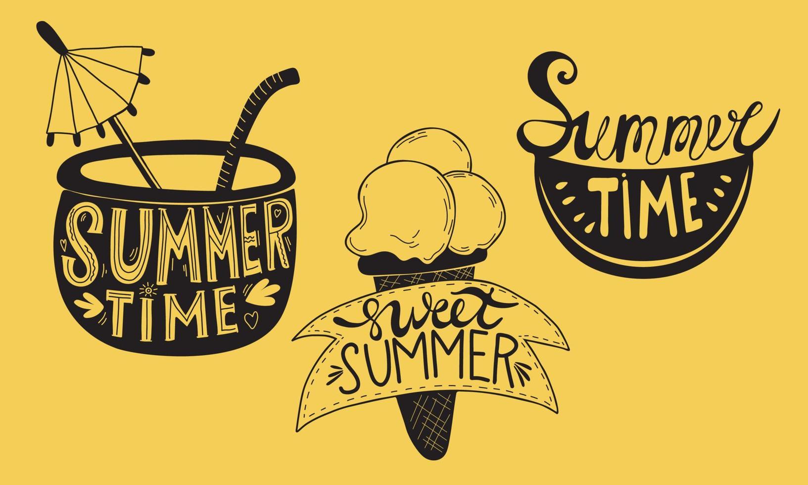 Summer time and sweet summer. Set of hand drawn vector doodle of summer decor. Cocktail, watermelon slice and ice cream with lettering. Isolated outline drawings and lettering for design and decor
