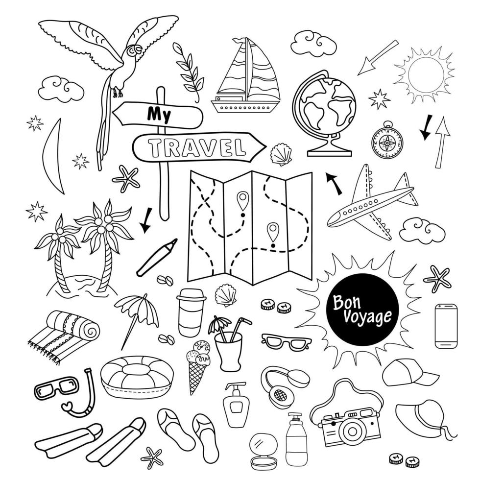 Tourist set. Doodle line drawings of luggage for summer tour of sea. An island, parrot, things, globe, map, cocktail, flippers, sun, an airplane vector