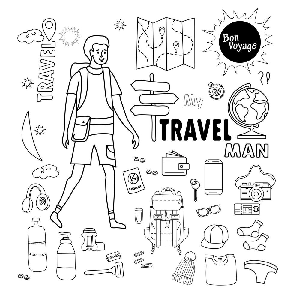 man tourist. Doodle travel stuff for men. Set of images Travel and vacation - luggage, things, clothes and shoes, hygiene items and documents. All elements are line and isolated. vector