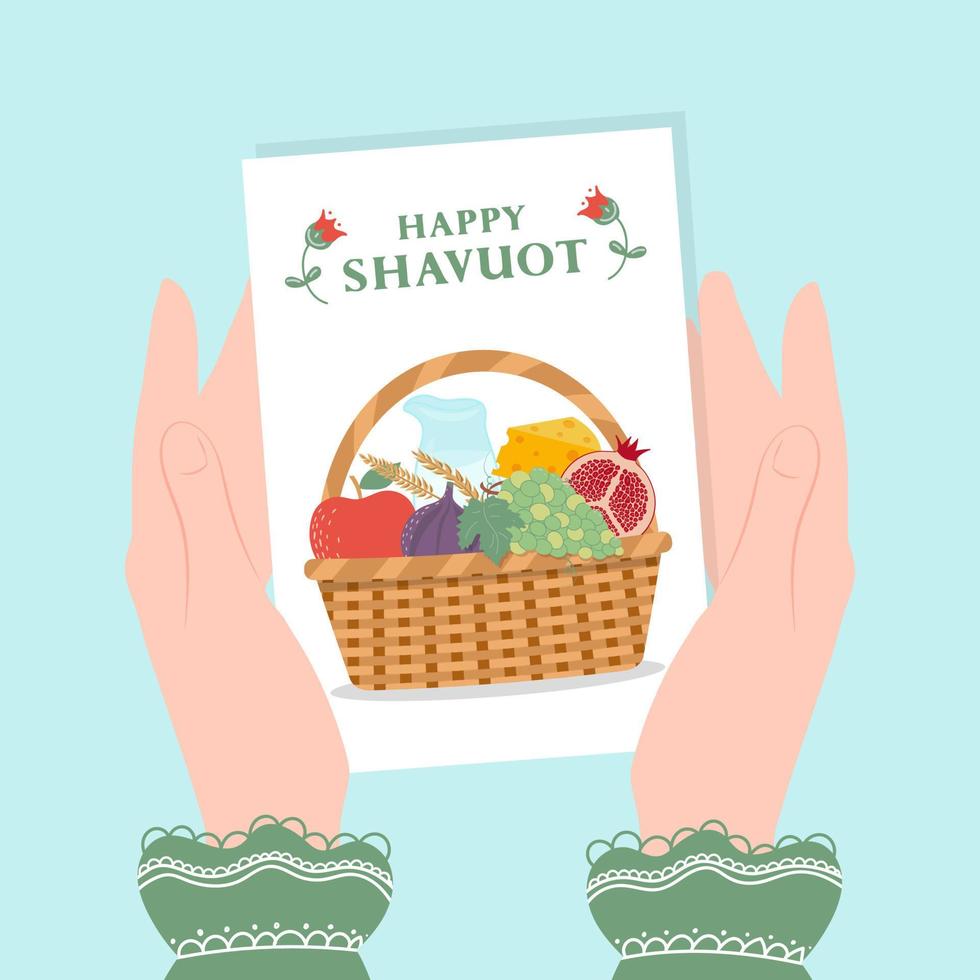 feliz shavuot. canasta con frutas, leche y queso. tarjeta de felicitación de shavuot de festividad judía. vector