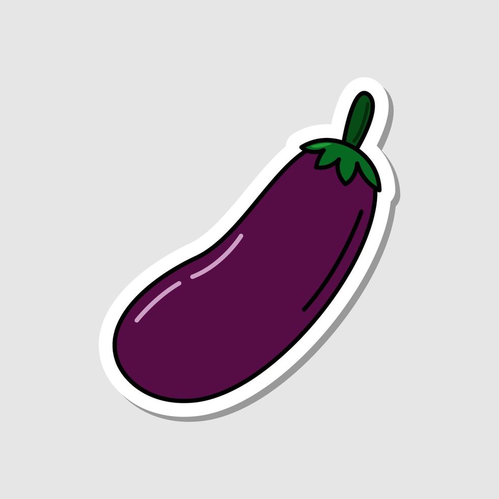 Vector eggplant sticker in cartoon style. Isolated vegetable with shadow. Flat simple icon with black lines.