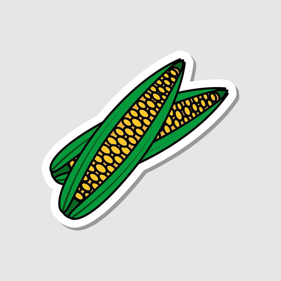Vector corn sticker in cartoon style. Isolated vegetable with shadow. Flat simple icon with black lines.