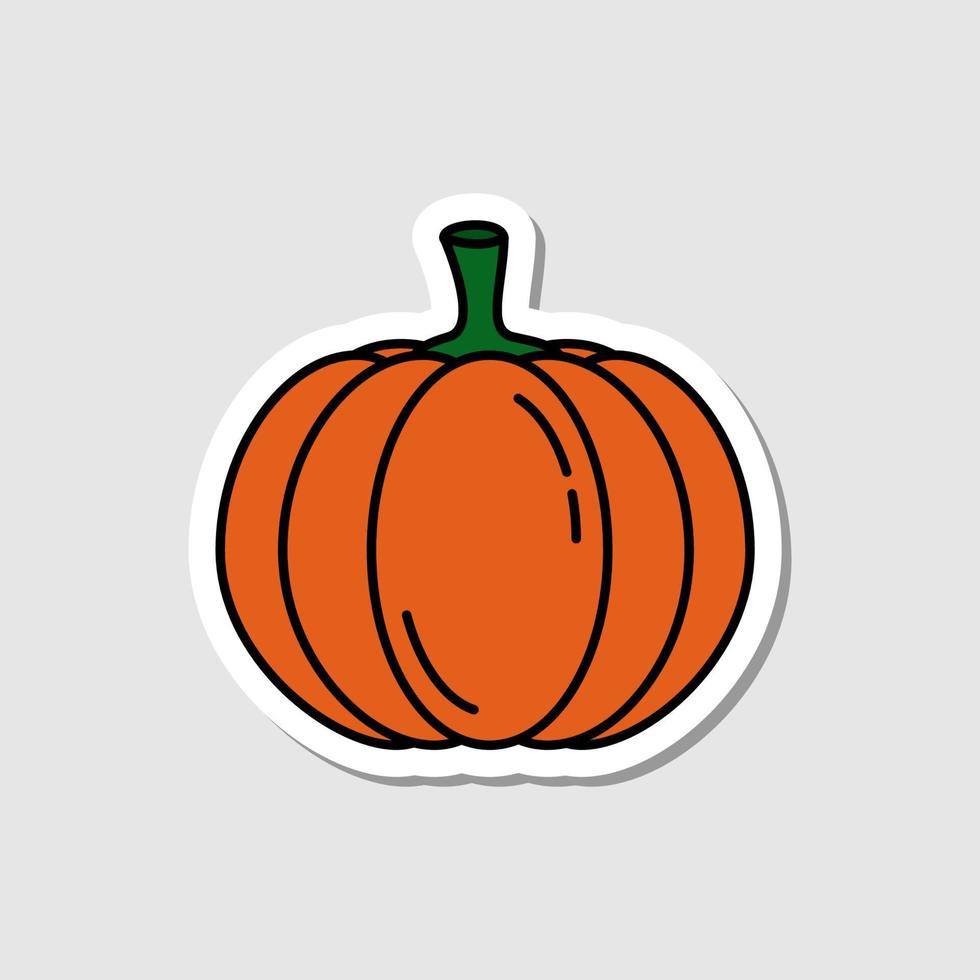 Vector pumpkin sticker in cartoon style. Isolated vegetable with shadow. Flat simple icon with black lines.