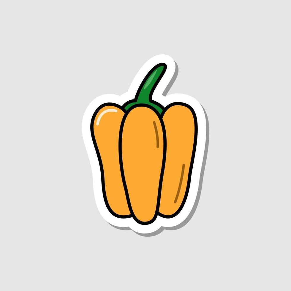 Vector sweet pepper sticker in cartoon style. Isolated vegetable with shadow. Flat simple icon with black lines.
