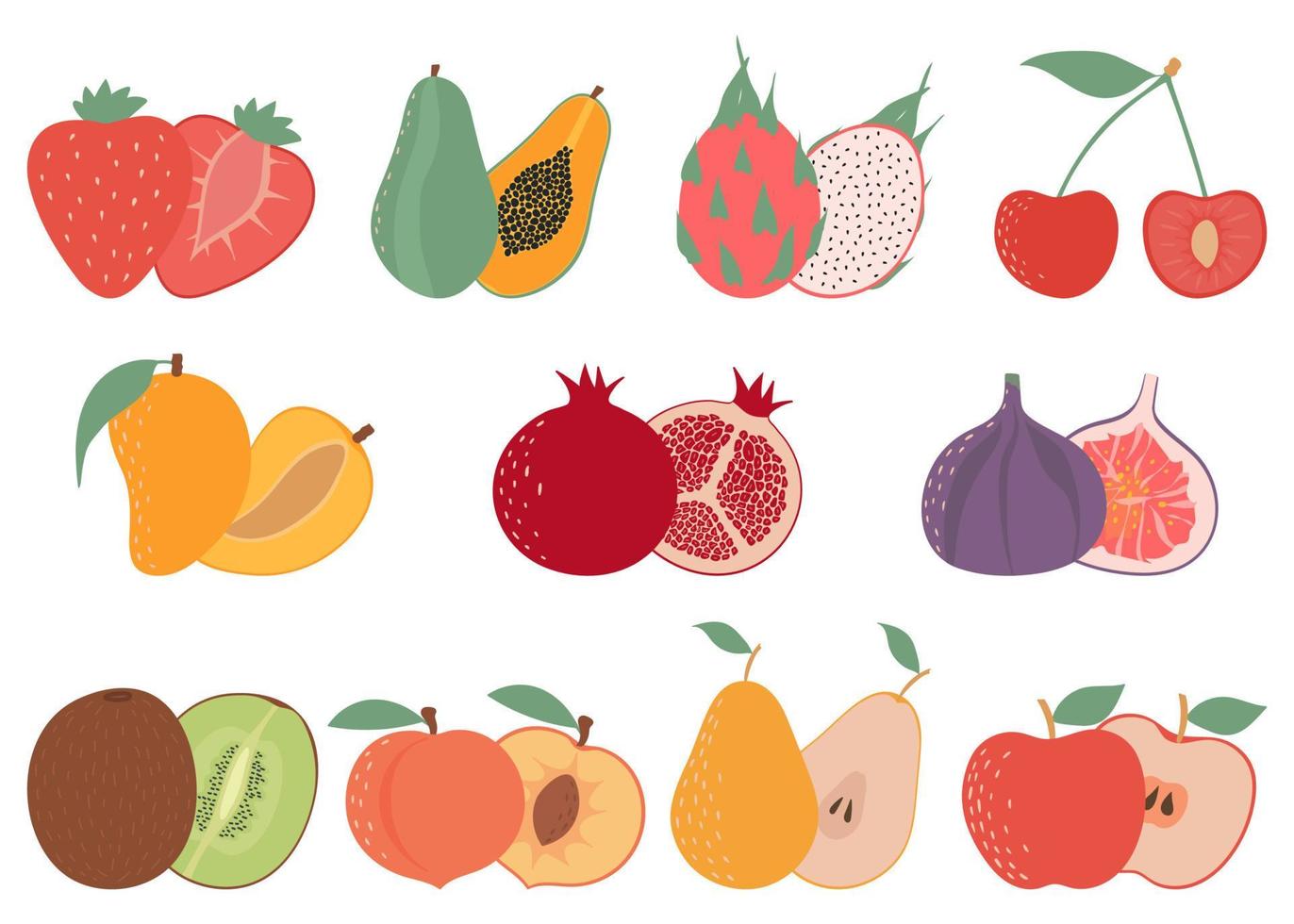 conjunto de frutas coloridas, colección de iconos de diseño plano. fresa, papaya, fruta del dragón, mango, cereza, pera, higo, granada, kiwi, melocotón, manzana. vector