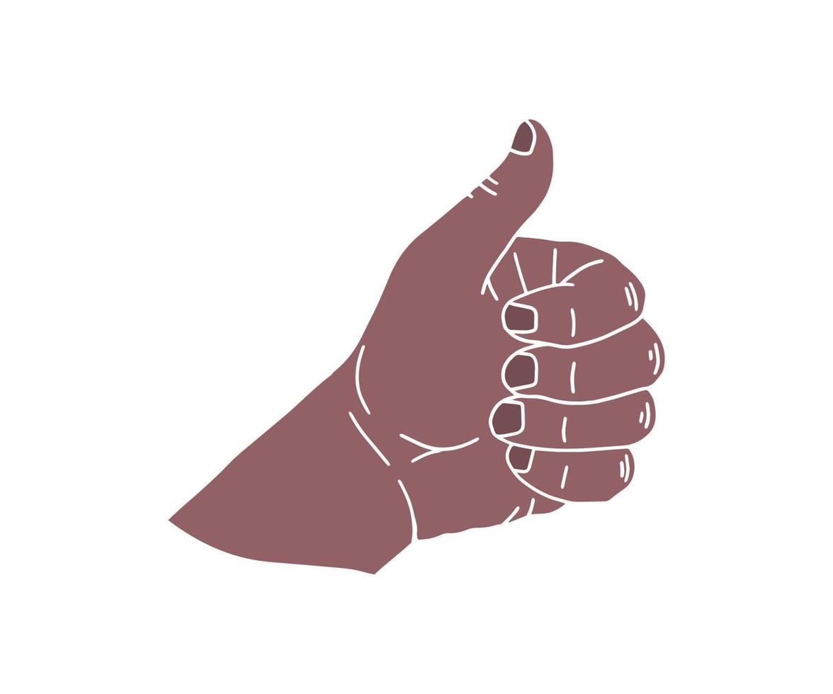 dibujo de icono de pulgar hacia arriba. color de piel africana pulgar arriba gesto icono de garabato. boceto dibujado a mano en vector