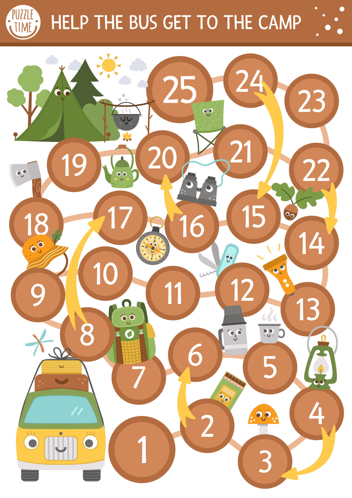 summer camp dice board game for children with cute kawaii bus and camping equipment active holidays boardgame family trip activity nature outdoor printable worksheet 7713507 vector art at vecteezy