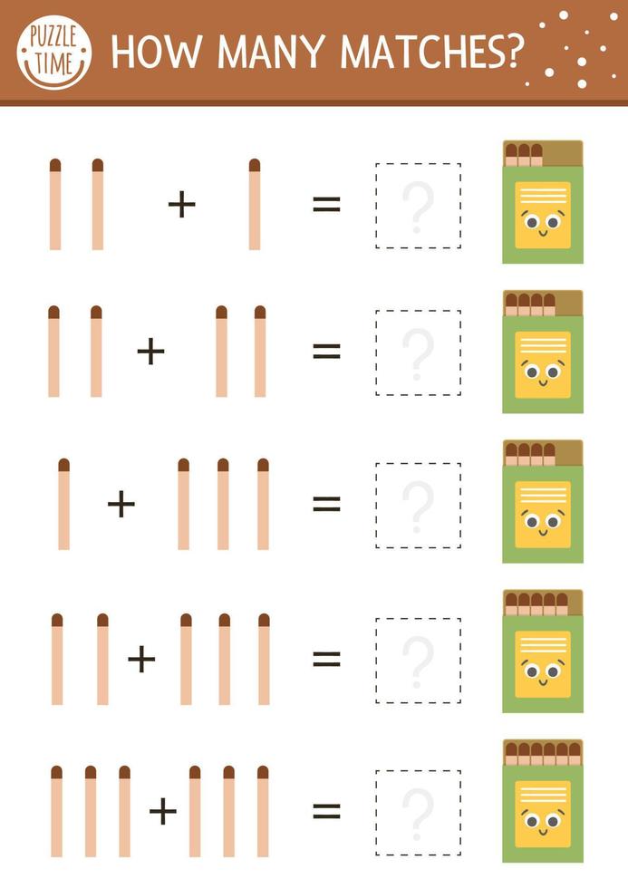 How many matches game with cute match in the box. Summer math addition activity for preschool children. Printable simple counting worksheet for kids with smiling kawaii object vector