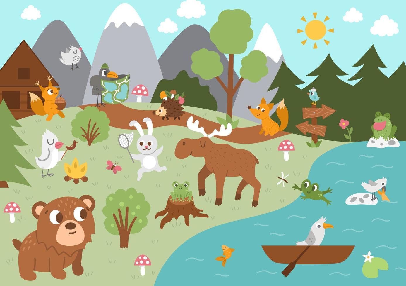 fondo de campamento de verano con lindos animales del bosque. escena de bosque vectorial con conejo, pájaros, alces, árboles, montañas, río. vacaciones activas o diseño de planes de turismo local para postales, anuncios, impresos vector