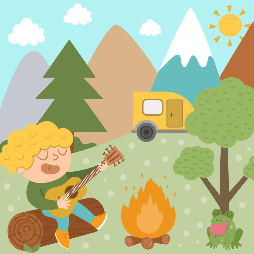 tarjeta de campamento de verano con un niño lindo haciendo actividad de campamento. plantilla de impresión cuadrada vectorial con un niño cantando tocando la guitarra frente al fuego. vacaciones activas o diseño de turismo local para postales, anuncios vector