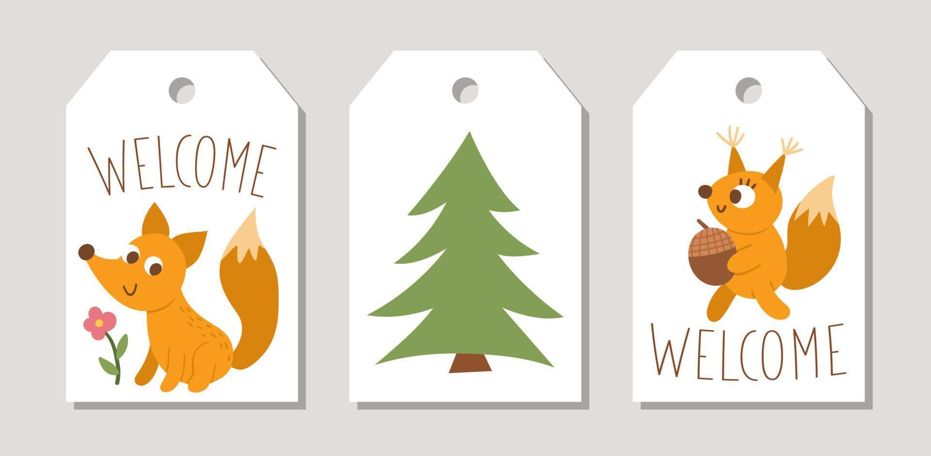 Cute set of Summer camp price tag templates or cards with cute forest animals, camping elements and kids. Vector vertical print templates. Active holidays or local tourism badge or label design
