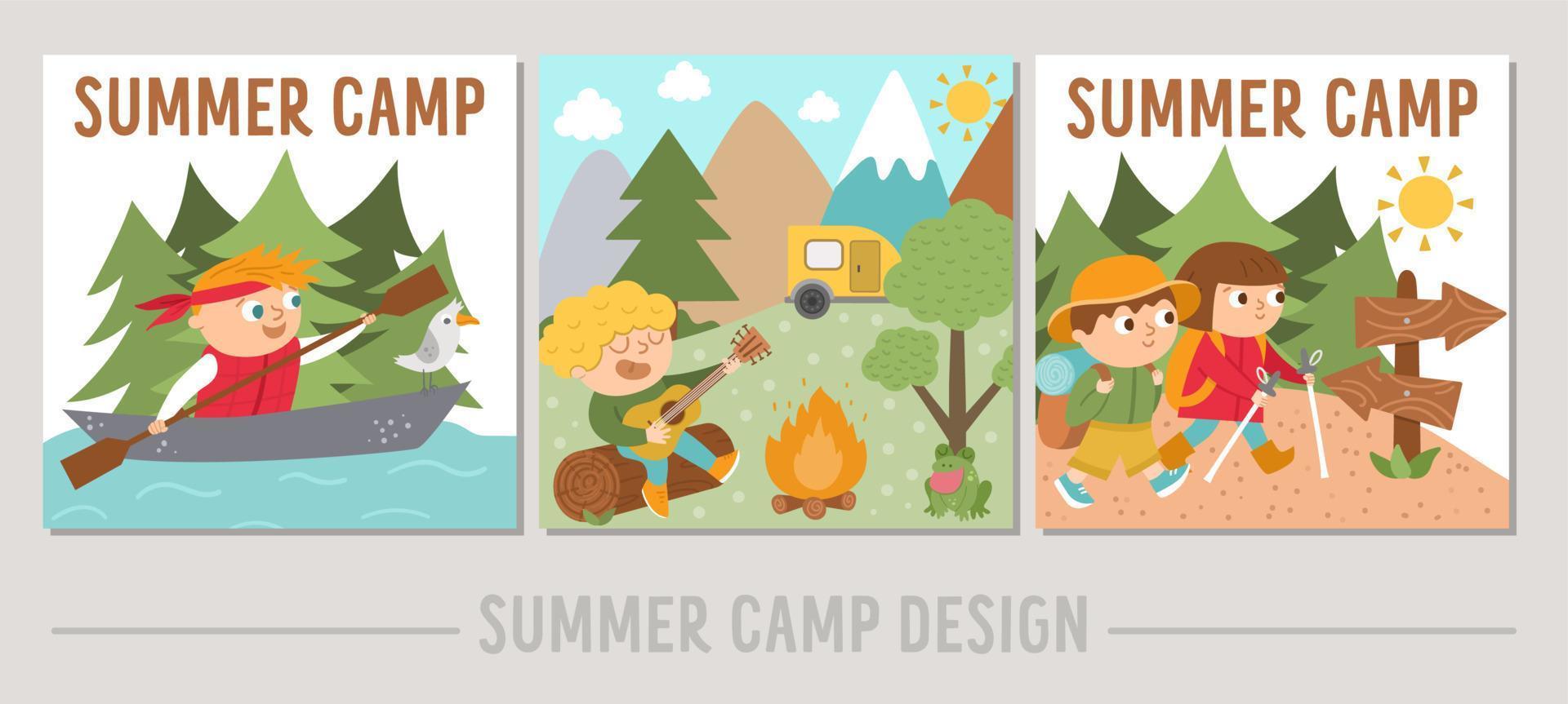 Set of Summer camp cards with cute kids doing camping activities. Vector square print templates with children rafting, playing guitar, hiking. Active holidays or local tourism design for postcards