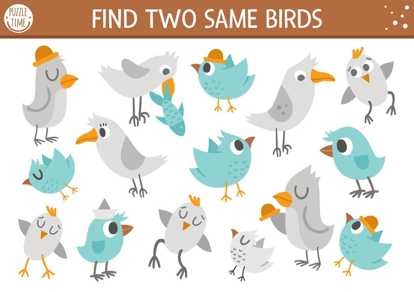 Find two same birds. Forest matching activity for children. Funny woodland educational logical quiz worksheet for kids. Simple printable seek and find game with cute animals. vector