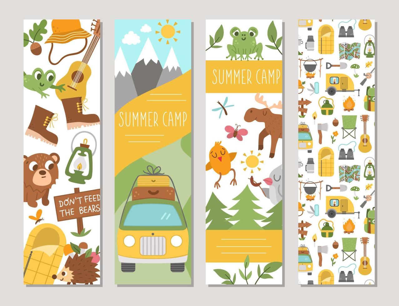 Cute set of Summer camp vertical cards with forest animals, camping elements and van. Vector forest trip print templates. Active holidays or local tourism bookmarks or banner designs pack