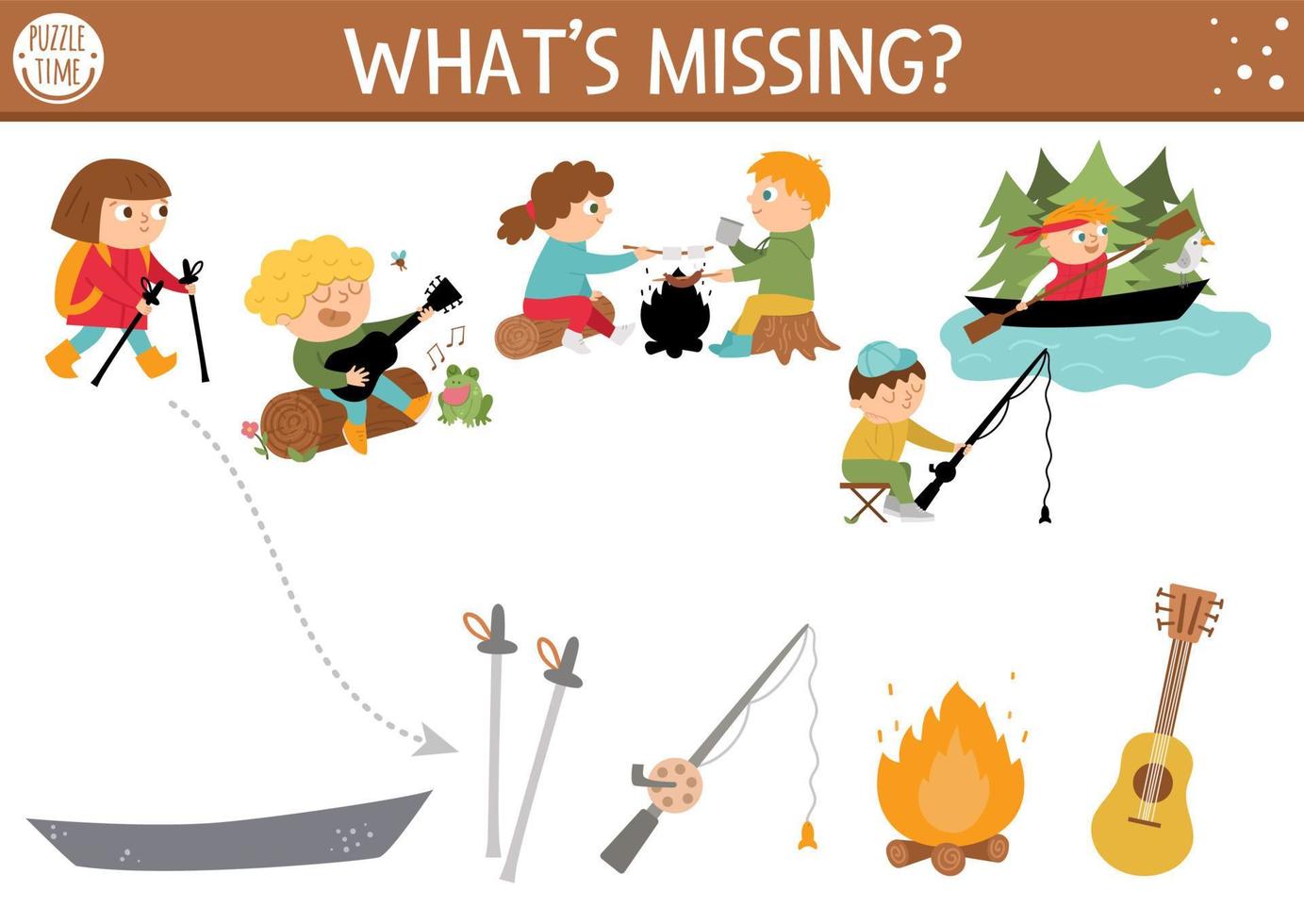 Summer camp shadow matching activity with cute children. Family nature trip puzzle with kids fishing, hiking, playing guitar. Find the correct silhouette printable worksheet or game. What is missing vector