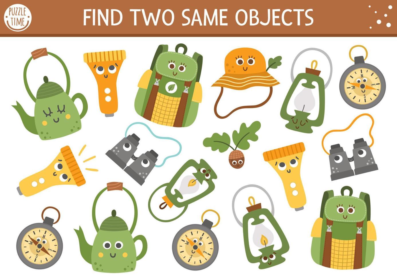 Find two same objects. Camping matching activity for children. Funny worksheet for kids with smiling kawaii backpack, compass, lantern. Simple printable game with cute summer camp equipment. vector