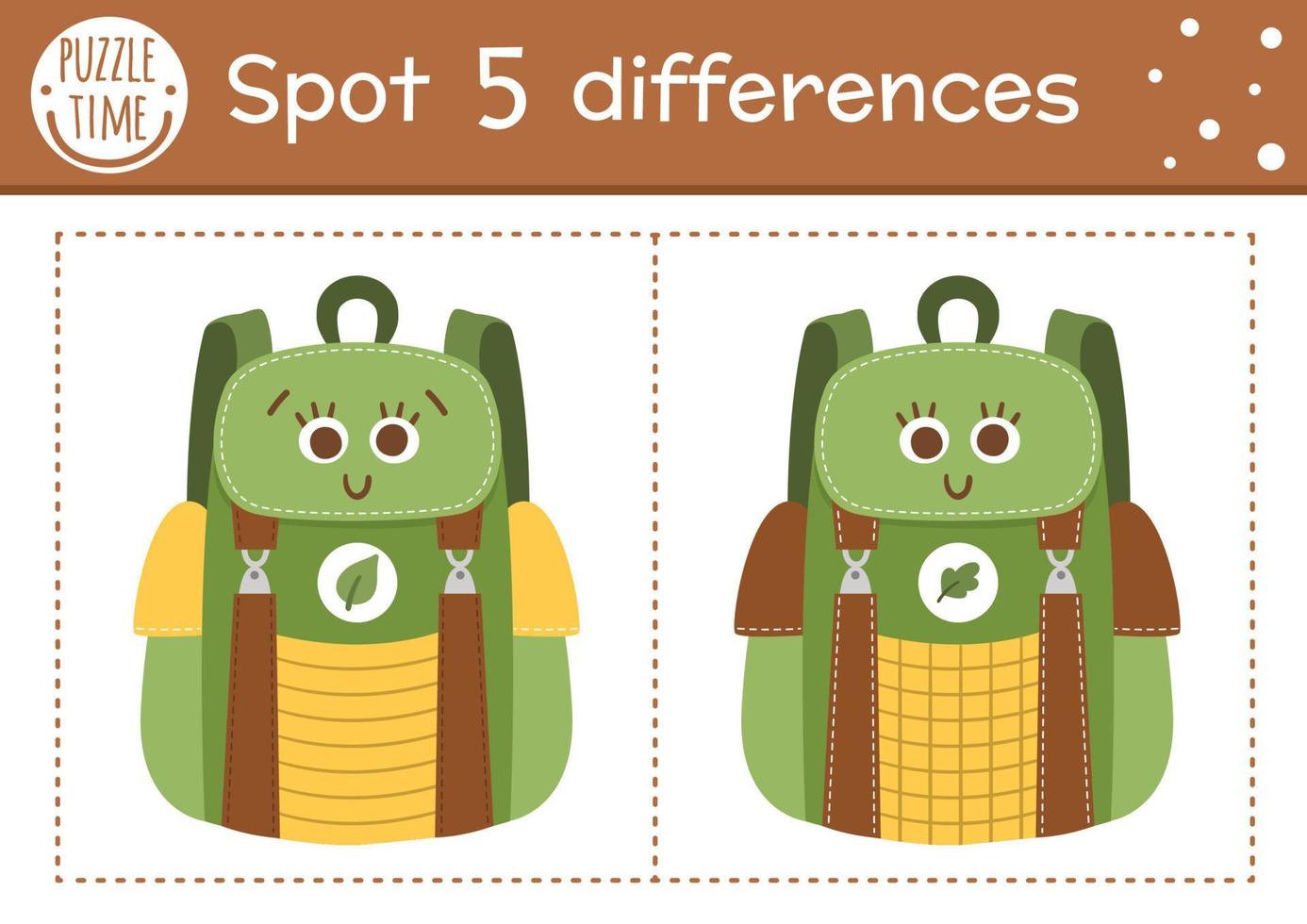 Juego de encontrar diferencias para niños. Actividad educativa de campamento de verano con divertida mochila kawaii sonriente. hoja de trabajo imprimible con lindo equipo de campamento. hoja de preescolar del bosque vector