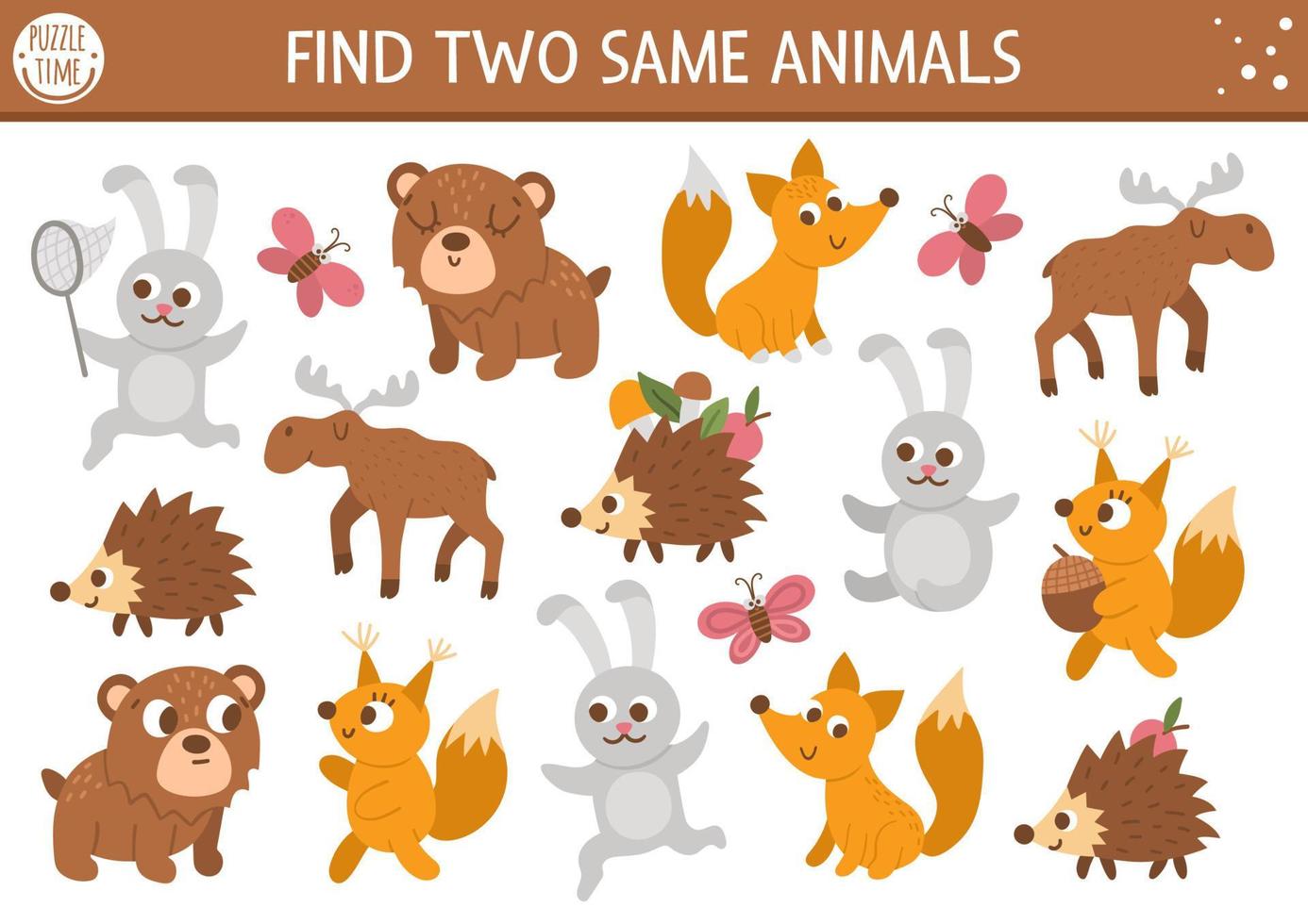 Find two same animals. Forest matching activity for children. Funny woodland educational logical quiz worksheet for kids. Simple printable game with cute bear, squirrel, rabbit, fox, moose, hedgehog. vector