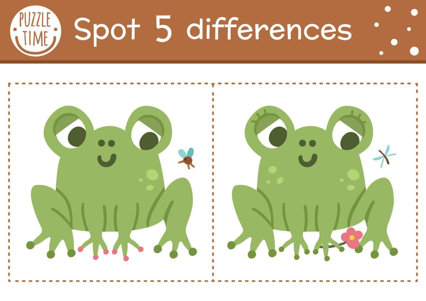Find differences game for children. Woodland educational activity with funny frog and insect. Printable worksheet with cute animal. Summer nature puzzle for kids. Forest preschool sheet vector