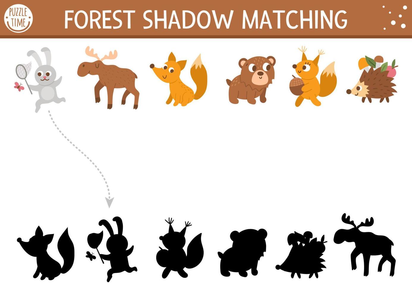 actividad de juego de sombras de bosque o camping con animales lindos. rompecabezas de viaje de naturaleza familiar con alces, zorros, osos, conejos, zorros, ardillas, erizos. encuentre la hoja de trabajo imprimible de la silueta correcta. vector