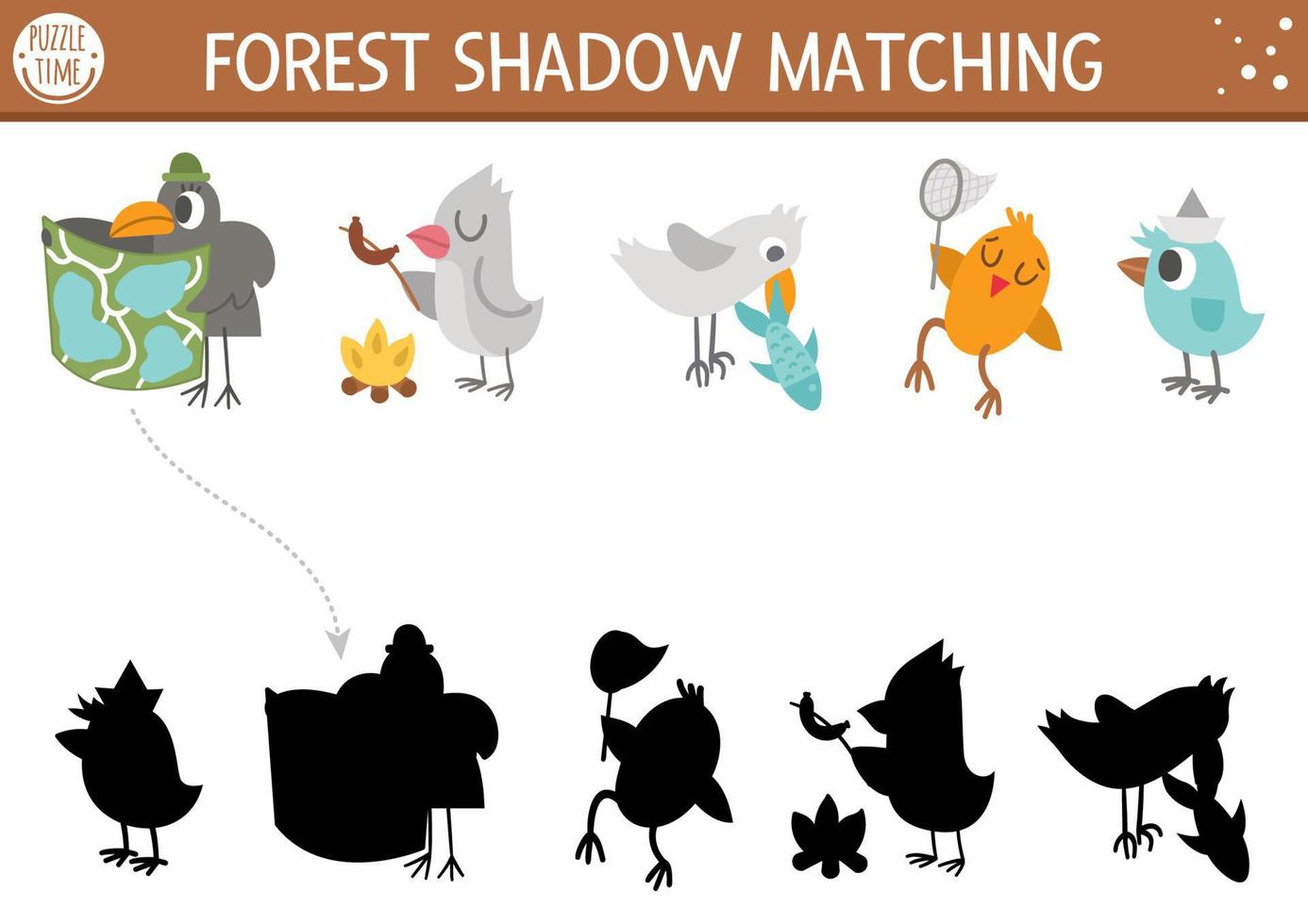 Forest or camping shadow matching activity with cute animals. Family nature trip puzzle with birds, raven with map, seagull with fish. Find the correct silhouette printable worksheet or game. vector