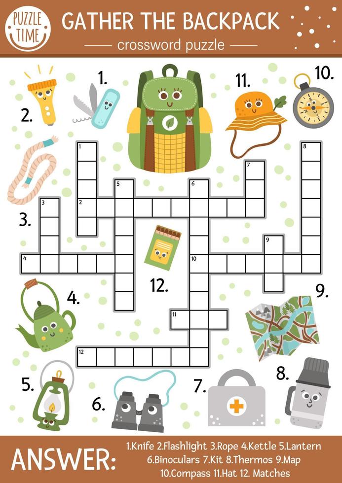 Vector camping crossword puzzle for kids. Simple Summer camp quiz with forest equipment for children. Educational activity with compass, thermos, bag. Gather the backpack cross word.