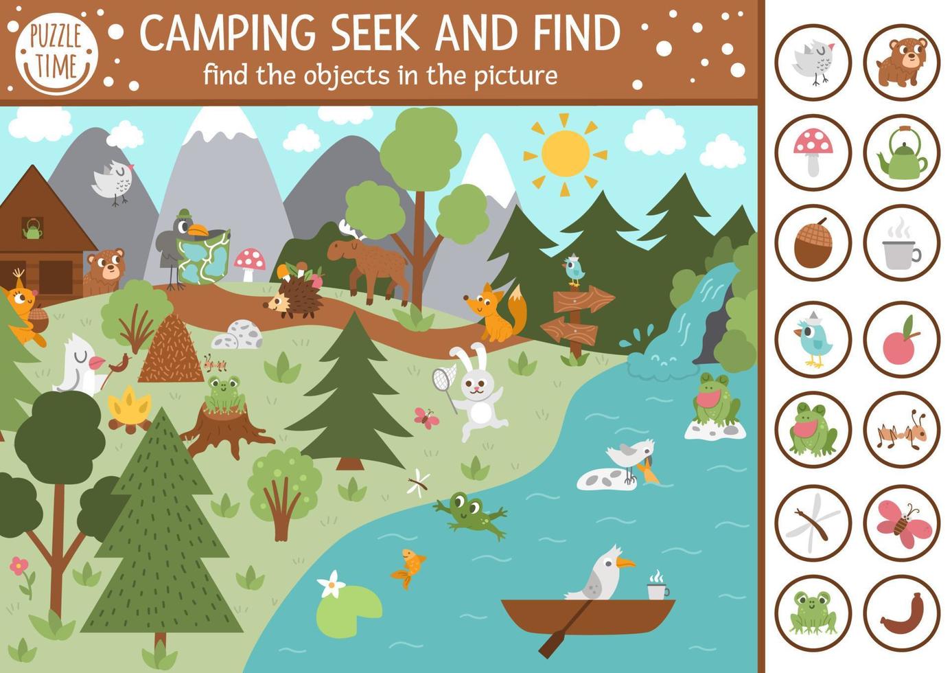 Vector camping searching game with cute animals in the forest. Spot hidden objects in the picture. Simple seek and find summer camp or woodland educational printable activity for kids