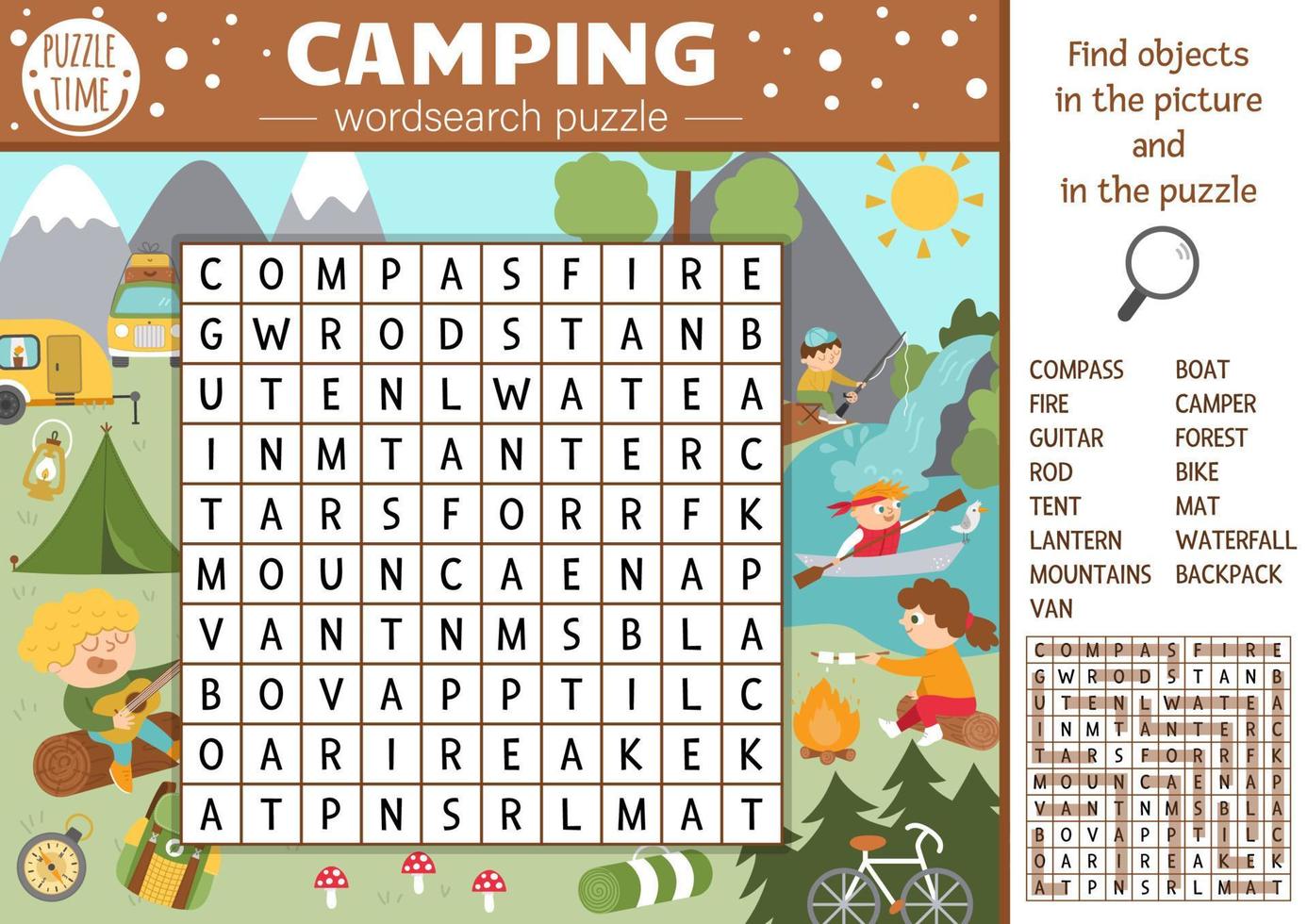 Vector camping wordsearch puzzle for kids. Simple summer camp crossword with forest scene for children. Educational keyword activity with kids fishing, hiking, playing guitar.