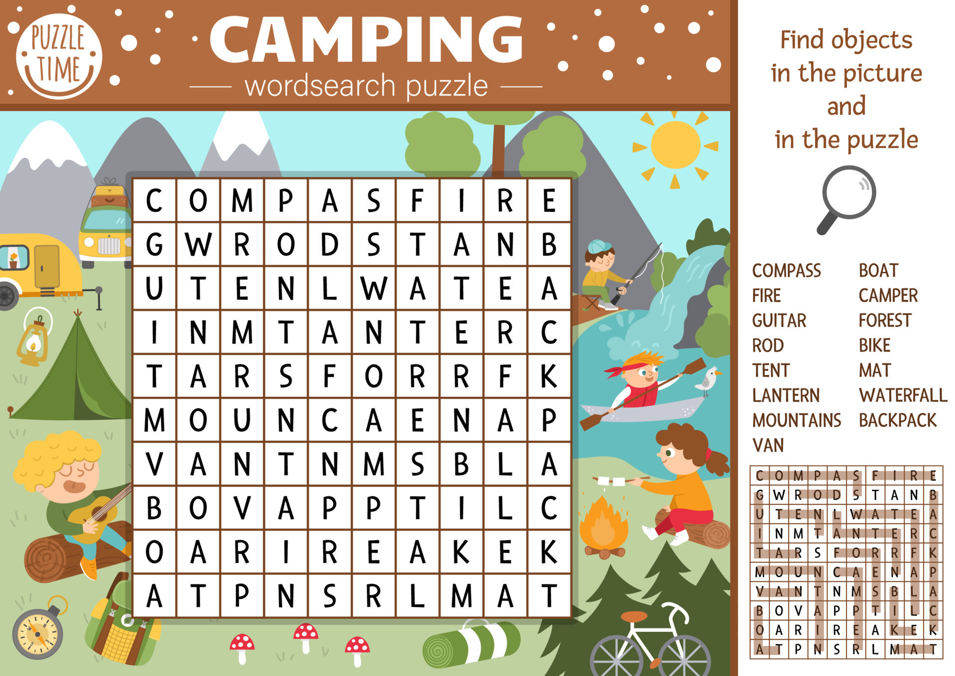 Vector camping wordsearch puzzle for kids. Simple summer camp ...