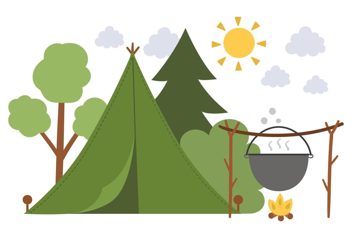 escena del campamento de verano con carpa verde, fuego, bosque. ilustración de fogata vectorial con caldera. vacaciones activas o diseño de paisaje de turismo local para postales, impresiones vector