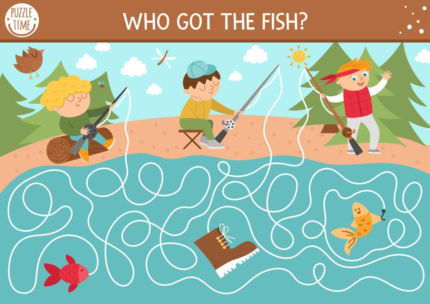 laberinto de campamento de verano para niños. Actividad imprimible de preescolar de vacaciones activas. juego de laberinto de viaje familiar por la naturaleza o rompecabezas con lindos niños pescadores con cañas. quien tiene el pescado vector