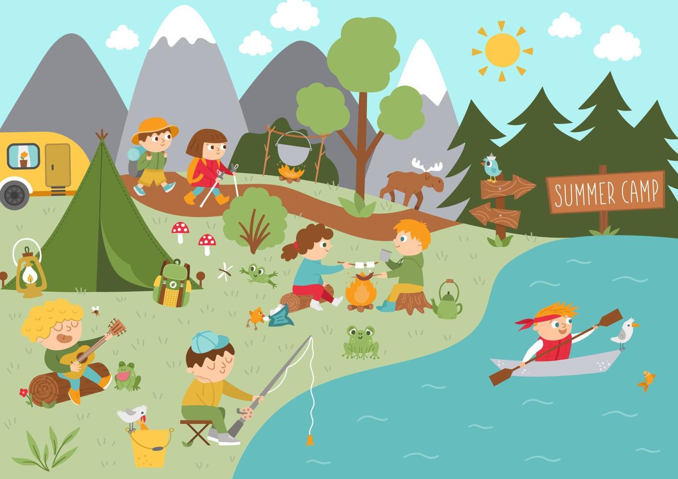 fondo de camping con lindos niños haciendo actividades de verano. escena de bosque vectorial con caminatas, pesca, rafting, niños que cantan. vacaciones activas o diseño de planes de turismo local para postales, anuncios, impresos vector