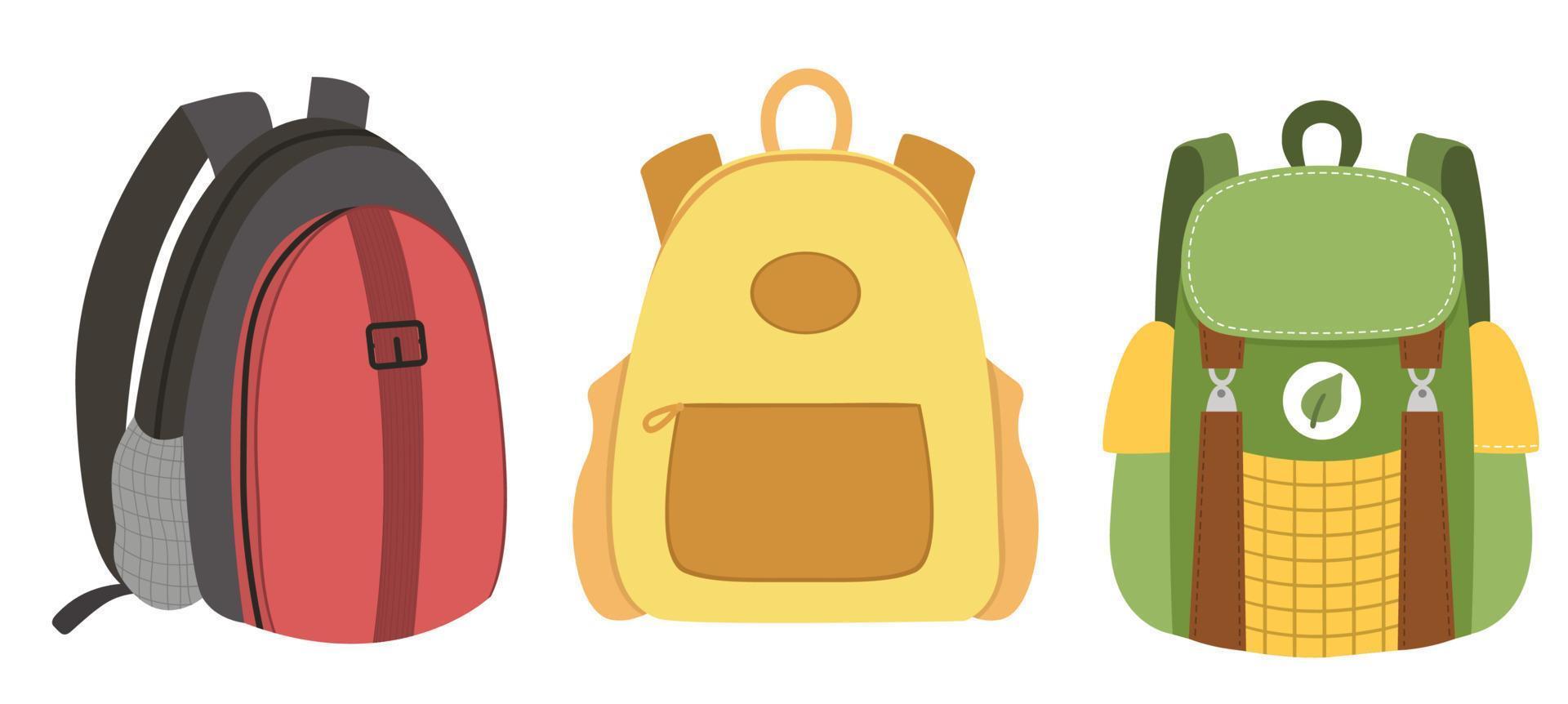 Vector traveler backpacks set. Schoolbag clipart collection. Cute flat style trip bags pack. Luggage design