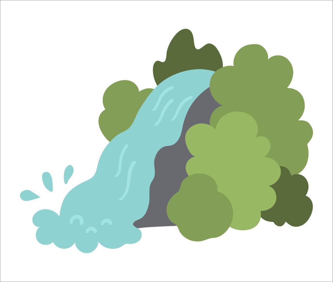 icono de cascada vectorial. ilustración de paisaje de naturaleza aislado sobre fondo blanco. imagen de caída de agua plana con vegetación y árboles. escena de vida silvestre o vacaciones activas vector