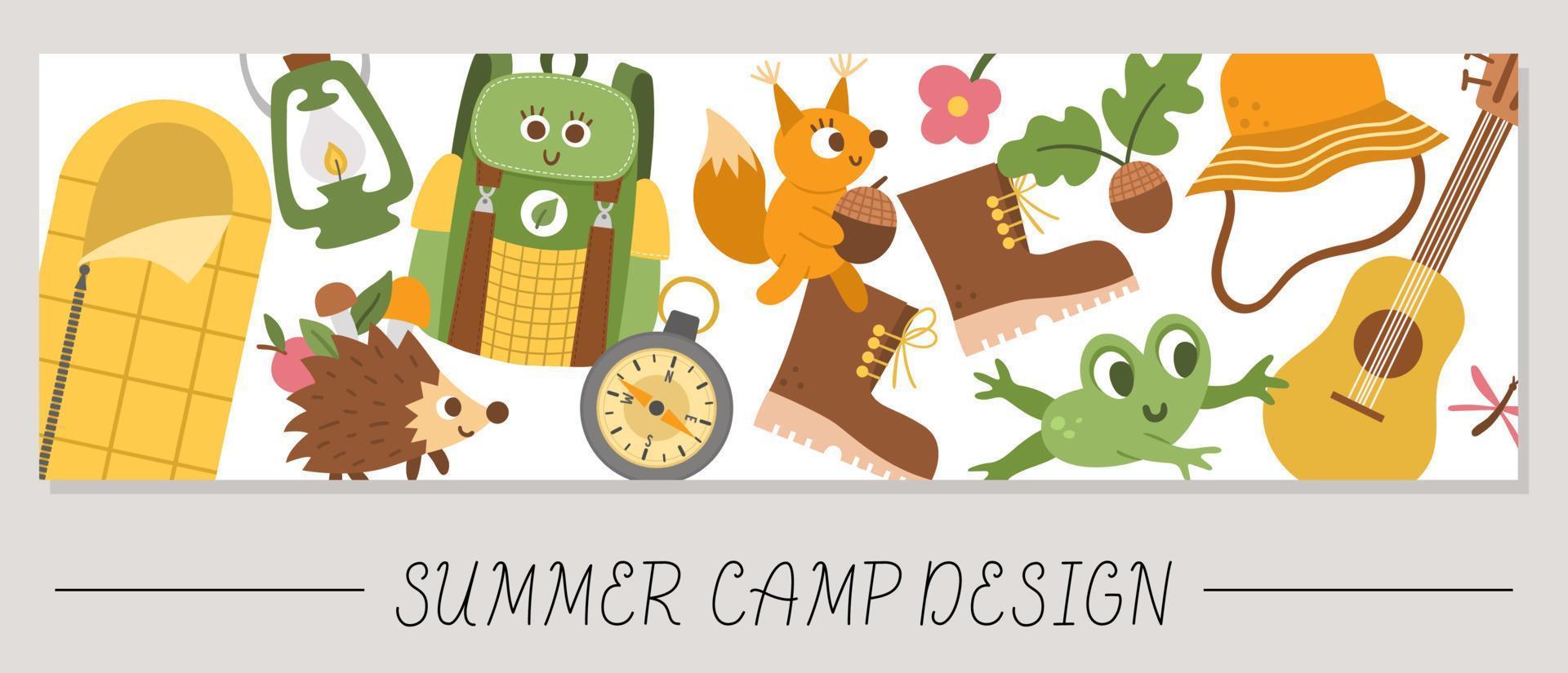 linda tarjeta horizontal de campamento de verano con animales del bosque y elementos y equipos de campamento. plantillas de impresión de viaje de aventura vectorial. vacaciones activas o marcador de turismo local o diseño de banner de borde vector