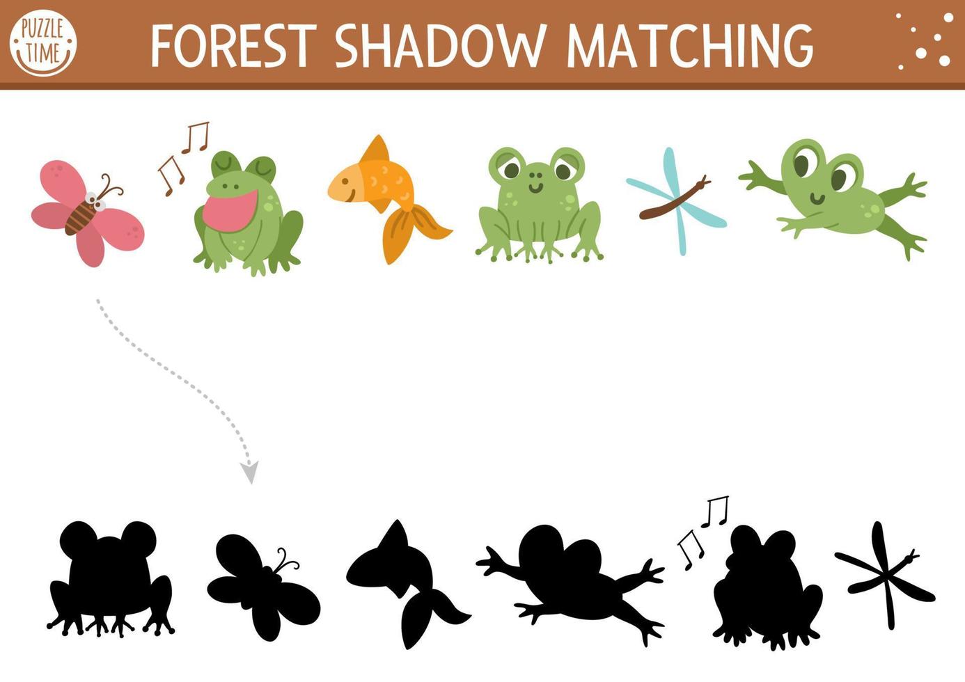 actividad de juego de sombras de bosque o camping con animales lindos. rompecabezas de viaje de naturaleza familiar con ranas, peces, mariposas, libélulas. encuentre la hoja de trabajo o el juego imprimible de la silueta correcta. vector