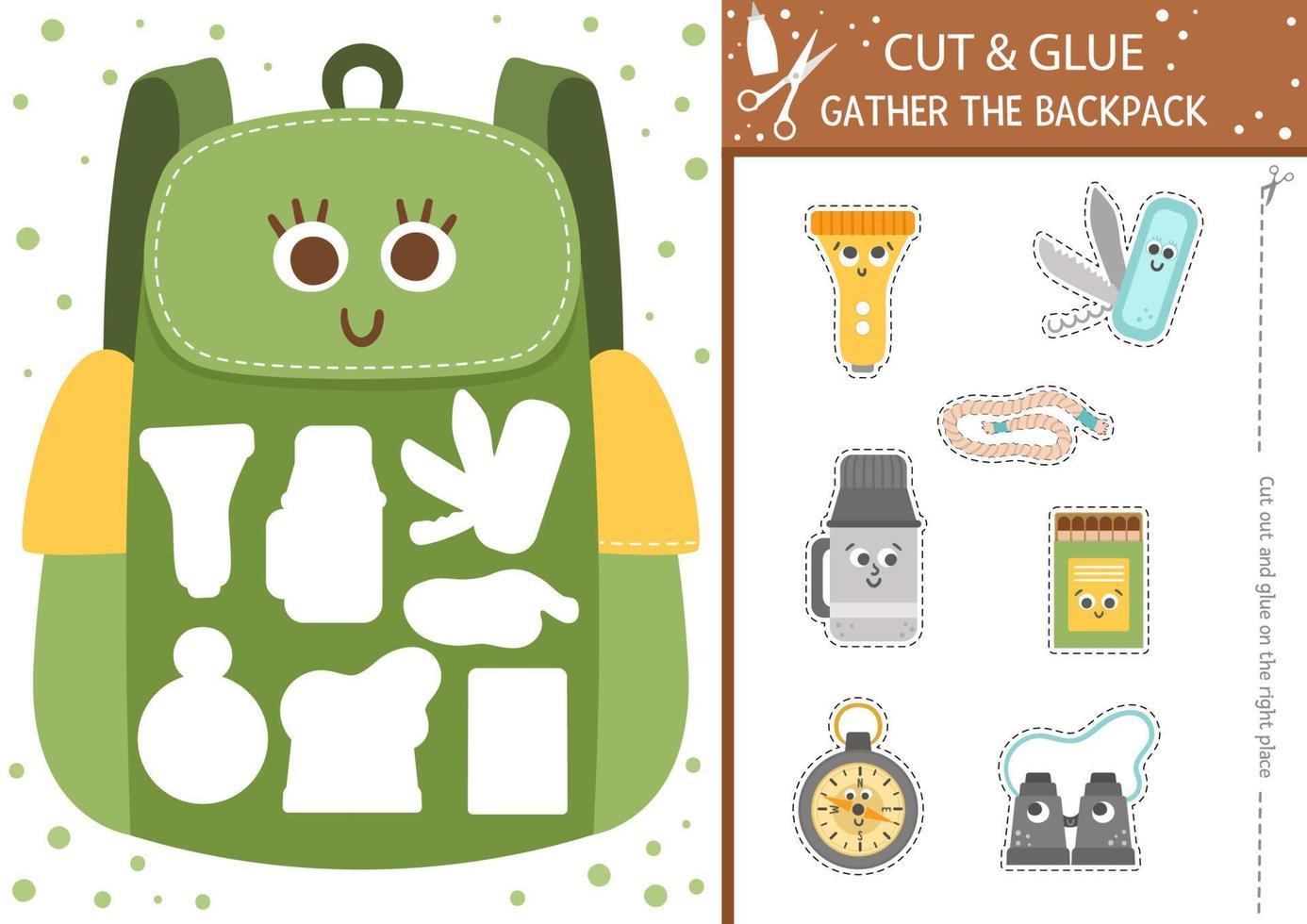 Vector camping cut and glue activity. Summer camp educational crafting game with cute kawaii backpack. Fun page for kids. What goes to hiking bag printable worksheet