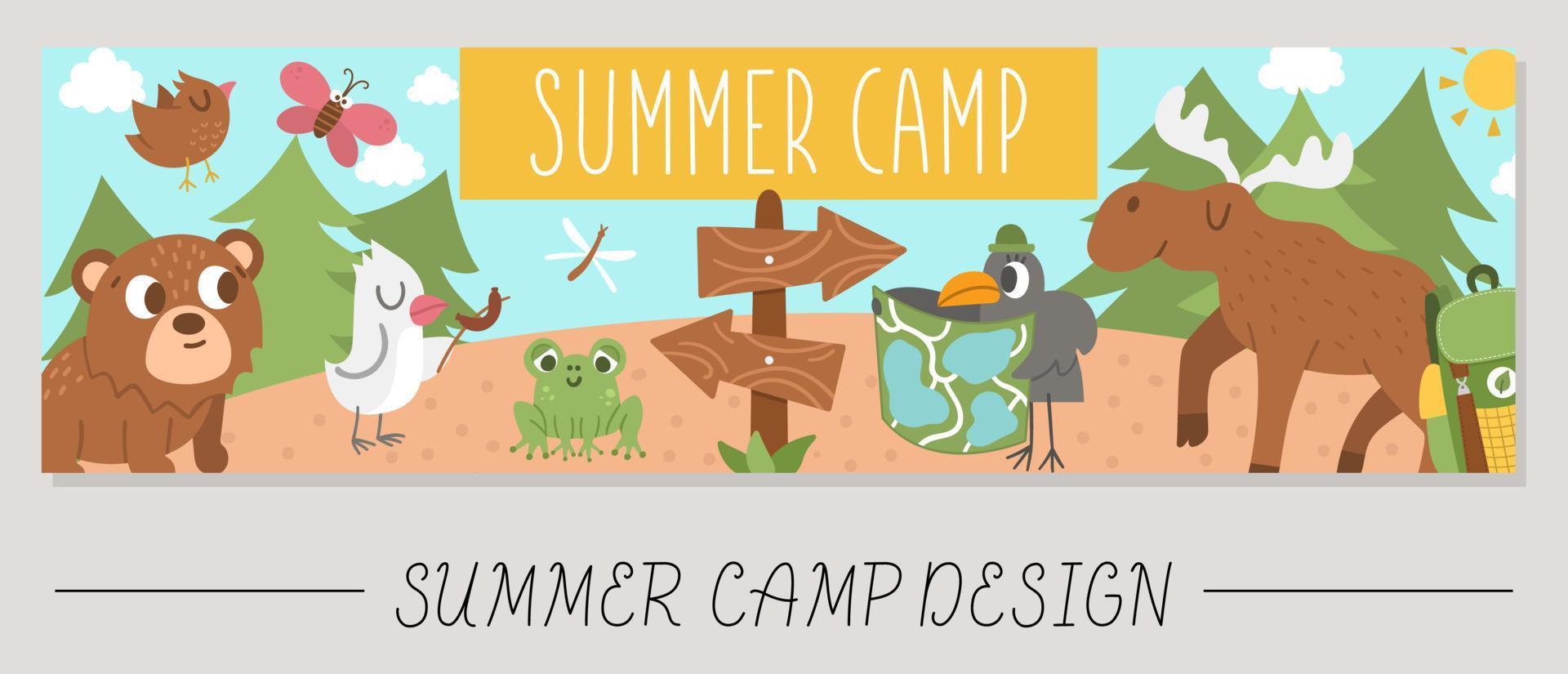 Cute Summer camp horizontal card with comic adorable forest animals in the woods. Vector adventure trip print template. Active holidays or local tourism bookmark or border banner design