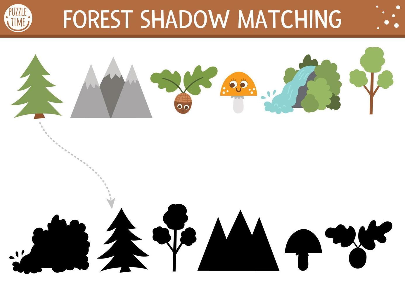 actividad de emparejamiento de sombras de bosque o camping con lindos elementos de la naturaleza. rompecabezas de viaje de naturaleza familiar con montañas, hongos, árboles, cascada. encuentre la hoja de trabajo imprimible de silueta correcta. vector