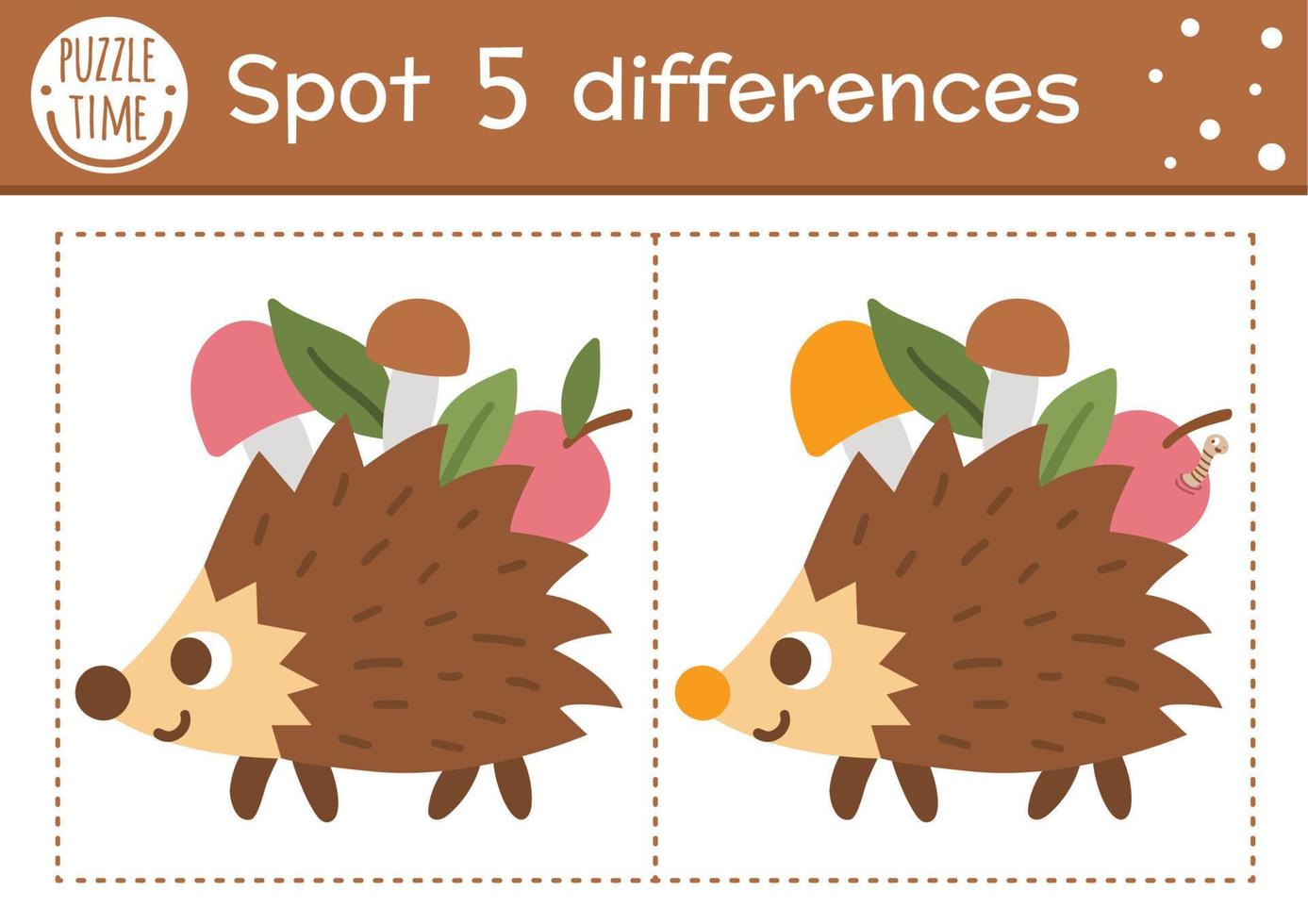 Find differences game for children. Woodland educational activity with funny hedgehog carrying apples. Printable worksheet with cute animal. Summer nature puzzle for kids. Forest preschool sheet vector