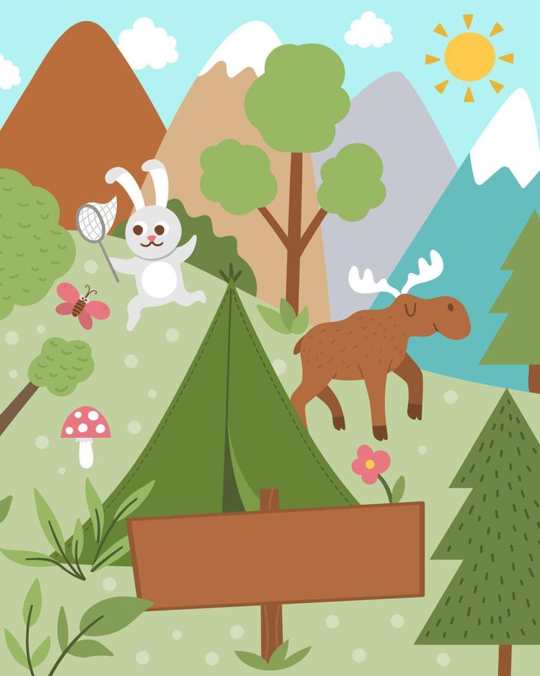 Summer camp card with cute forest animals, tent and wooden sign board. Vector square print template with rabbit, moose, trees, mountains. Active holidays or local tourism design for postcards, ads
