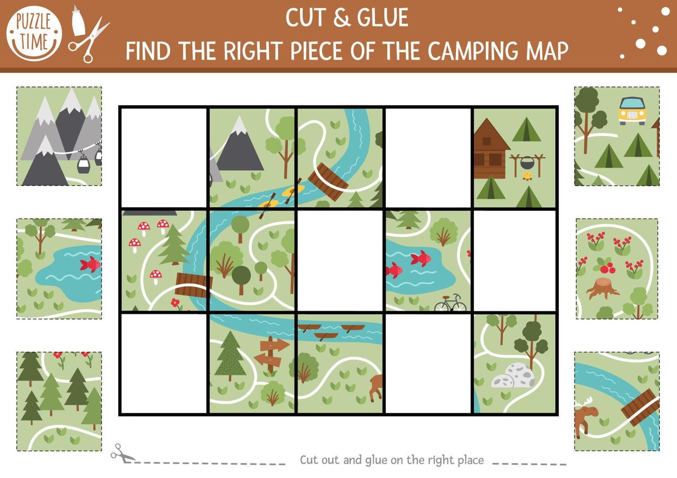 Vector camping cut and glue activity. Summer camp educational crafting game with cute scene. Fun printable worksheet for children. Find the right piece of the map. Complete the picture