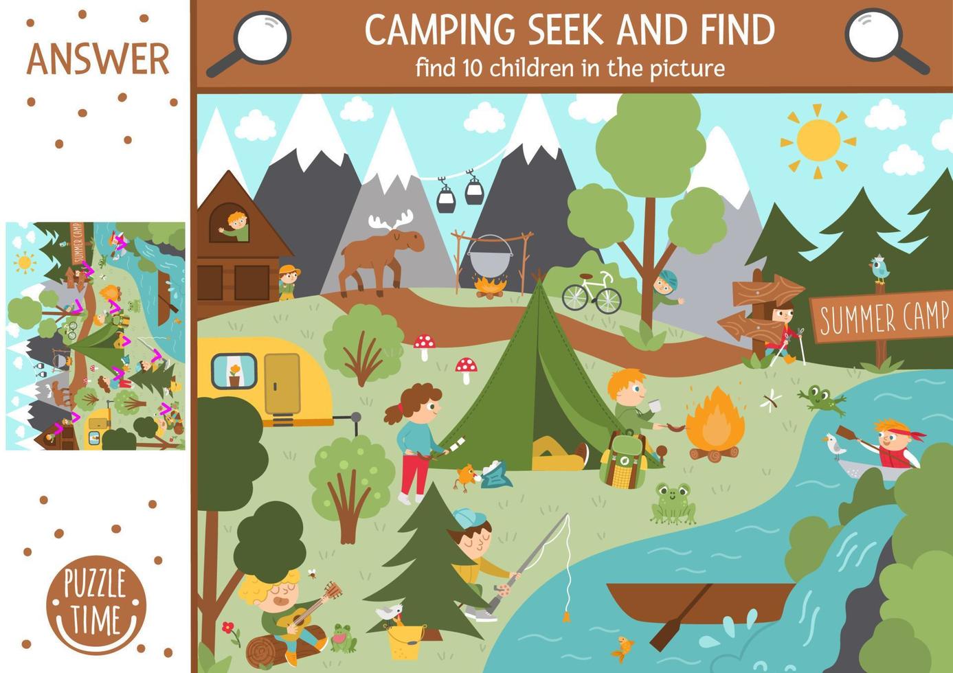 juego de búsqueda de camping vectorial con niños lindos en el bosque. Detecta niños ocultos en la imagen. simple busca y encuentra un campamento de verano o una actividad educativa imprimible en el bosque. prueba familiar al aire libre vector