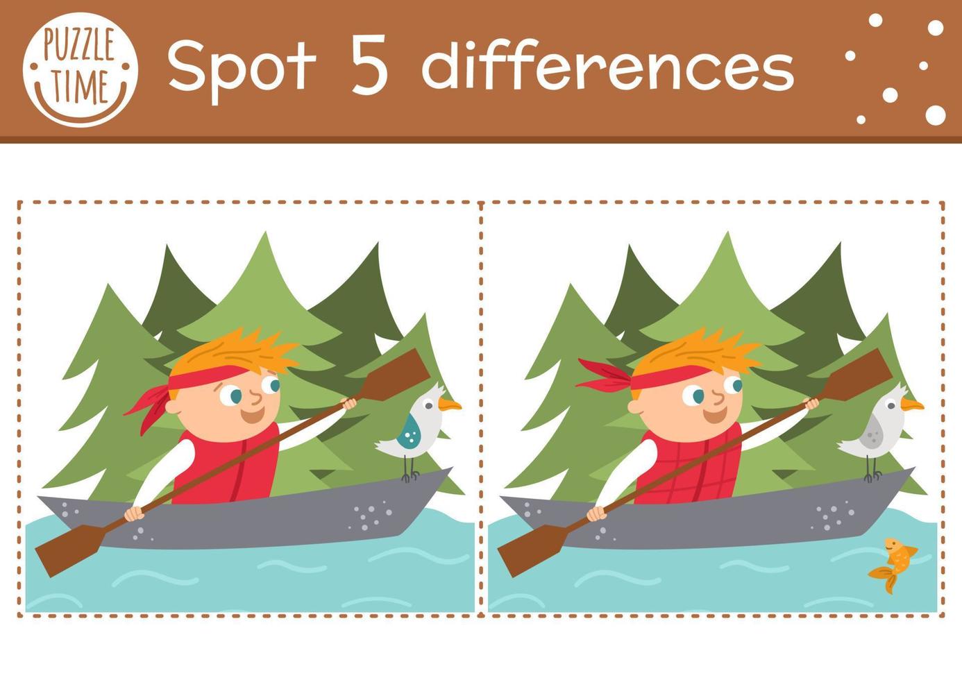 Find differences game for children. Summer camp educational activity with kid swimming in the boat. Printable worksheet with cute camping or forest scenery. Woodland preschool sheet vector