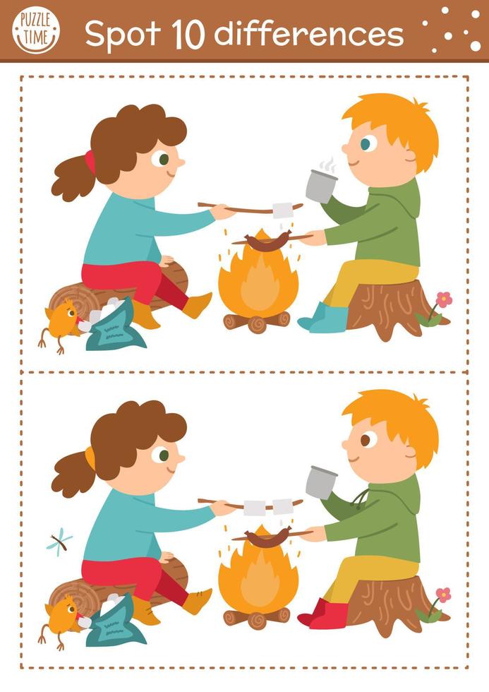 Find differences game for children. Summer camp educational activity with kids and fire. Printable worksheet with cute camping or forest scenery. Woodland preschool sheet vector