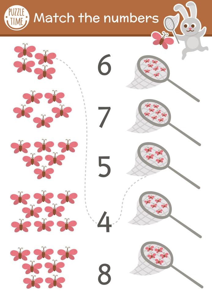 haga coincidir el juego de números con mariposas en la red. actividad matemática forestal para niños en edad preescolar con lindos insectos y conejos. hoja de trabajo de conteo imprimible educativa con animales divertidos para niños vector