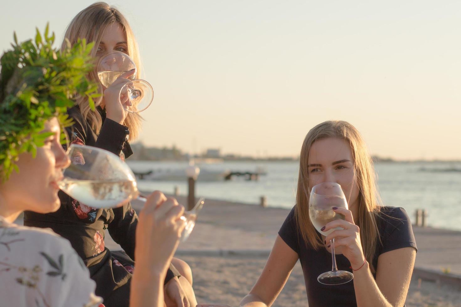 fiesta de verano de jóvenes hermosas mujeres con vino, balneario relajante en un día soleado foto