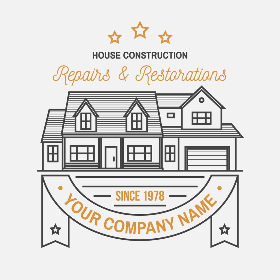 House construction company identity with suburban american house. Vector illustration. Thin line badge, sign for real estate, building and construction company related business.